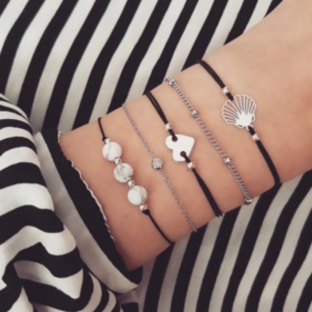 Bohemia Bracelet Set Silver Tone Black Heart Shell